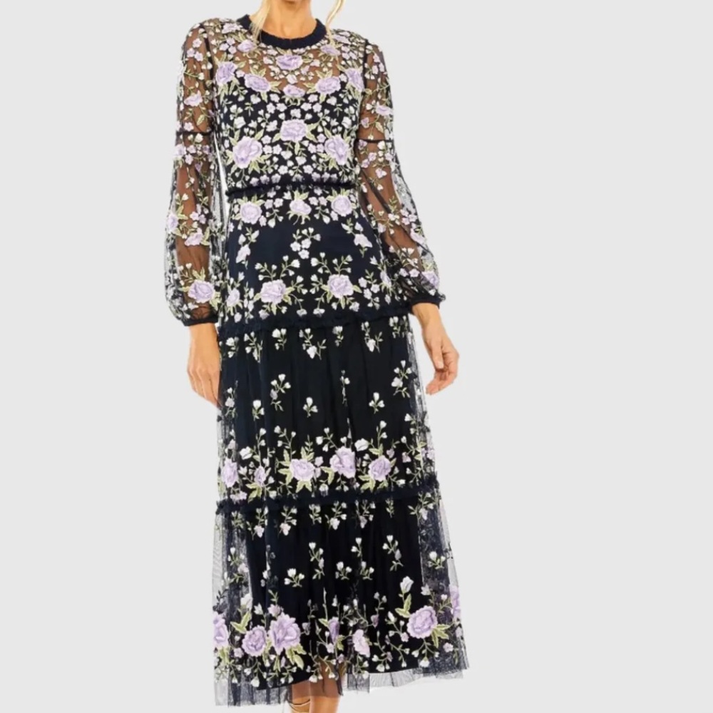 Mac Duggal 35152 Navy Floral Embroidered Ruffle Long Sleeve Tiered Dress size 8
